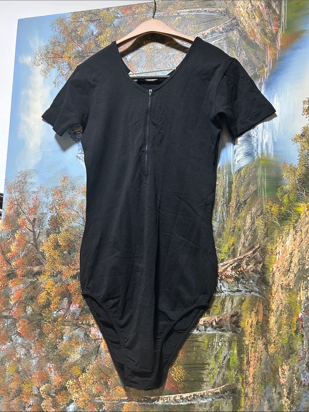 DANSKIN Black Short-Sleeve Zip-Front Bodysuit .